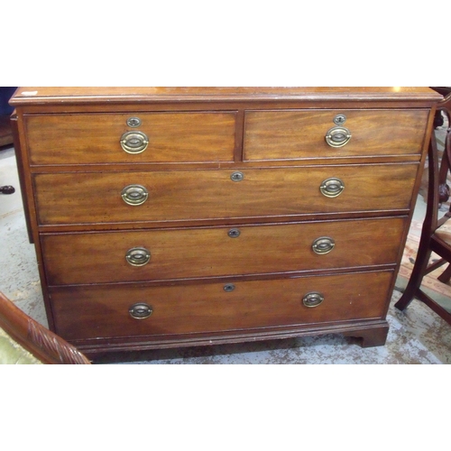 228 - 19th C mahogany chest of two short above three long drawers, on raised bracket supports (crack to to... 