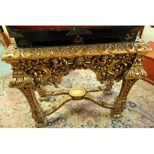 260 - 19th C Chinoiserie cabinet on stand, lift off cabinet enclosed by two panelled doors with brass meta... 