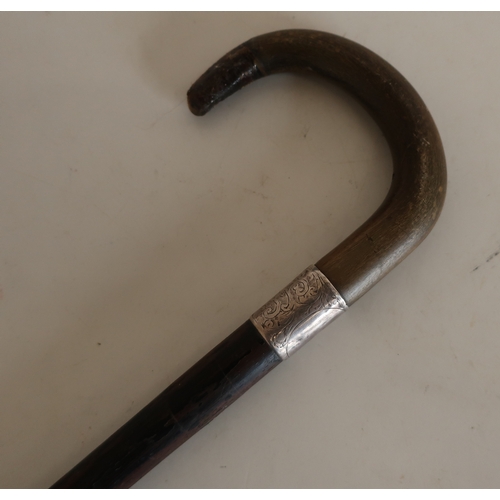 15 - 19th/20th C walking cane with white metal collar and horn handle (overall length 87cm)