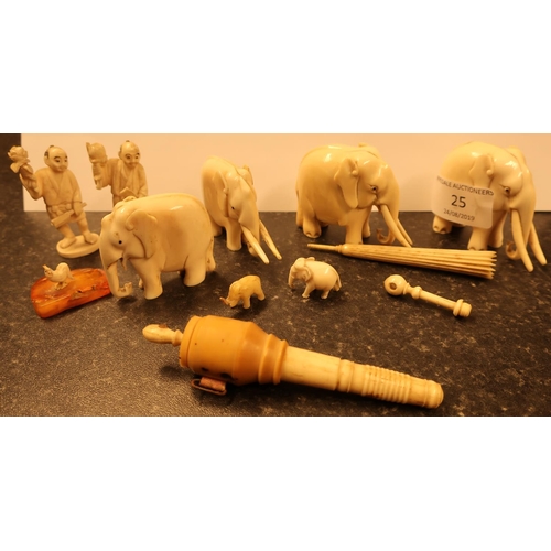 25 - Group of 19th/20th C carved ivory figures including six elephants, a needle case Stanhope in the for... 