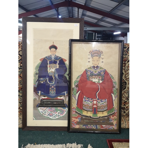 48 - Late 19th C Chinese scroll ancestral watercolour  portrait, framed and mounted in faux bamboo frame ... 