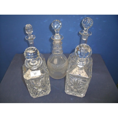 15 - 19th C cut glass decanter with later stopper, two square decanters and two other bulbous decanters (... 