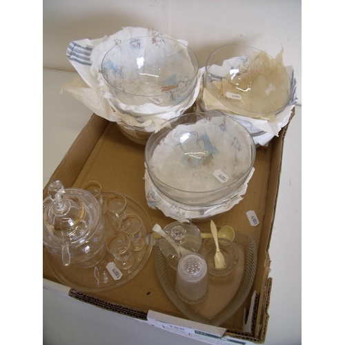184 - Selection of glass Sundae dishes, glass cruet sets and a glass punch bowl and matching glasses