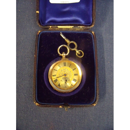 12 - Cased Victorian ladies fob pocket watch in elaborately engraved 14ct gold case with engraved dial an... 