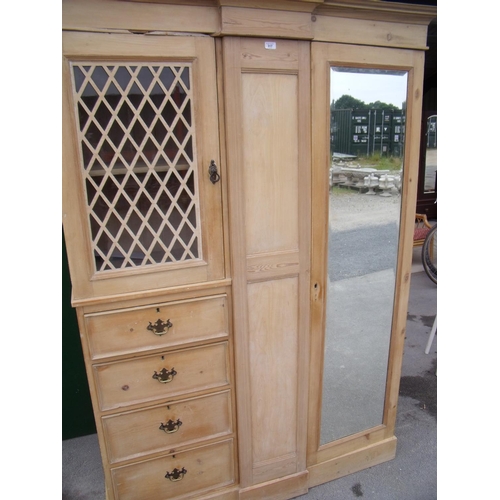 214 - Victorian waxed pine wardrobe with offset glazed panelled door above three drawers opposite a single... 
