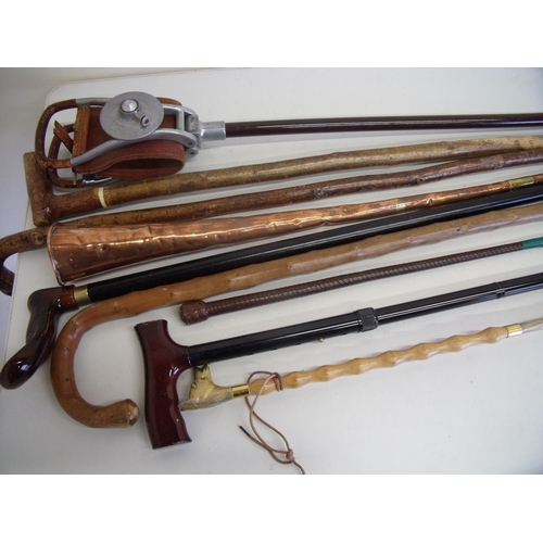 499 - Collection of various assorted walking sticks, a shooting stick and copper coaching horn