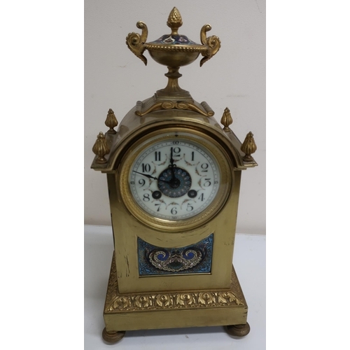 508 - 19th/20th C brass cased French chiming mantel clock with enamelled detail to the face and case, move... 
