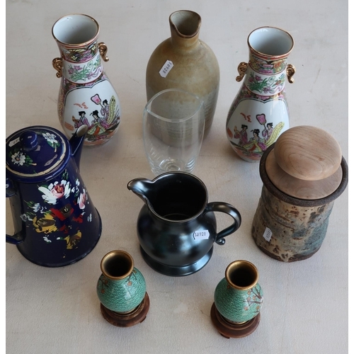 514 - Enamelware teapot, pair of Cloisonne vases, studio ceramics and glassware in one box