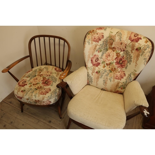 113 - Ercol dark wood armchair and another similar low seated Ercol chair (2)