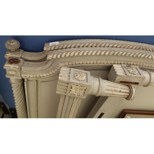 121 - Pair of 19th C two tone painted single bedsteads with carved detail on barley twist column supports