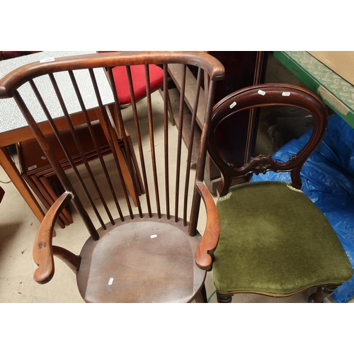 129 - Early 20th C stick back armchair with H shaped under stretcher and a Victorian mahogany balloon back... 