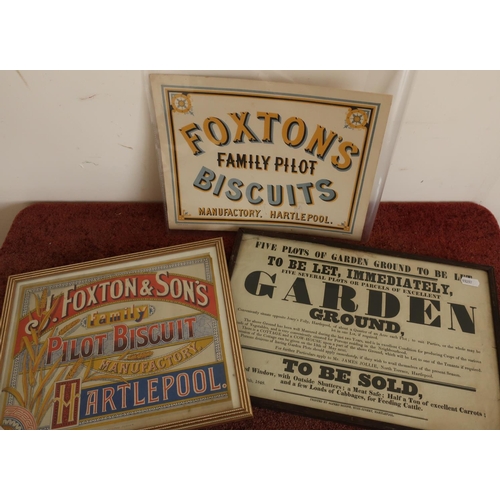 18 - Framed and mounted Foxton & Sons Family Pilot Biscuit Hartlepool advertising poster, another similar... 