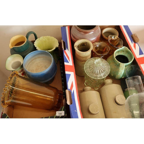 186 - Bretby jardiniere, various other Studio ware ceramics, Stoneware, Studio glassware etc in two boxes