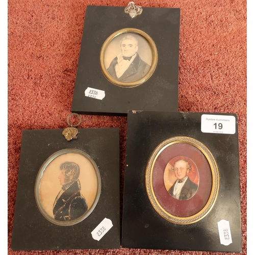 19 - Group of three 19th C ebonised framed miniature portraits of gentlemen
