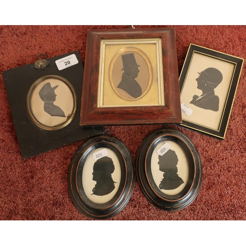 20 - Group of five early 19th C and later framed silhouette portraits, including gentleman in top hat wit... 