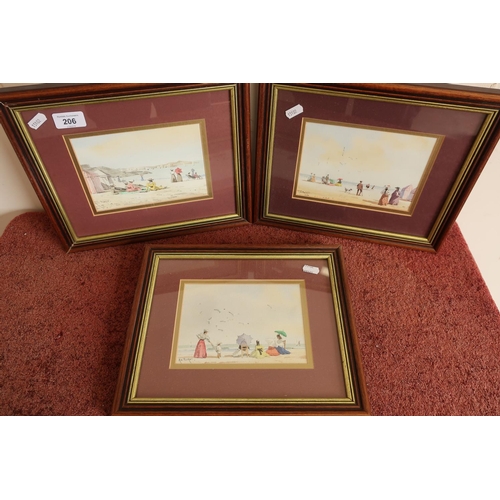 206 - Set of three framed and mounted beach scene watercolours by Rod Pearce (32cm x 27cm including frame)