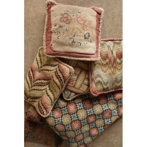 209 - Selection of 19th C and later textiles in one box, including small needlework and woolwork cushions,... 