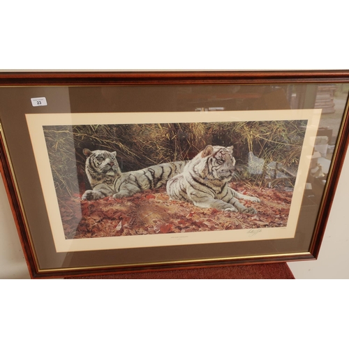 23 - Framed and mounted limited edition No 362/1550 print 'White Tigers Ever Watchful' signed by the arti... 