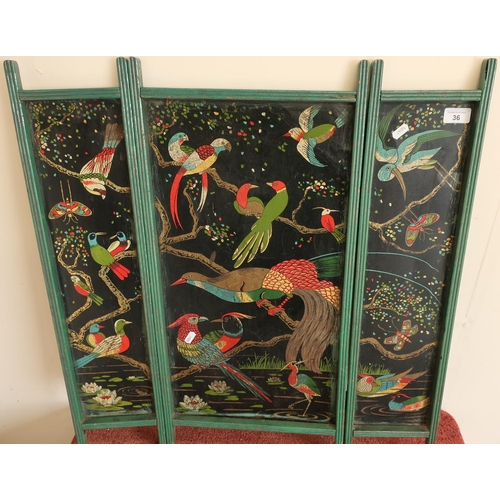 36 - Unusual circa 1920s three sectional firescreen with painted tin plate panels