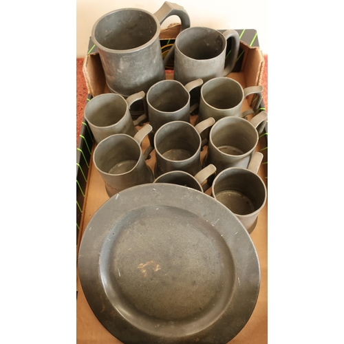 38 - Selection of various assorted pewter tankards and a pewter side plate