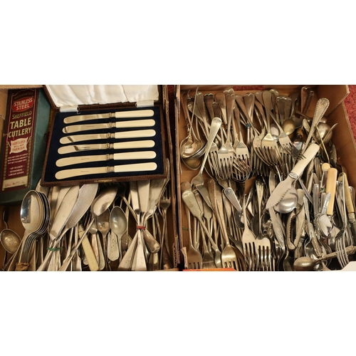 463 - Silver plated hotel ware fiddle pattern cutlery, and cased cutlery contained in two boxes