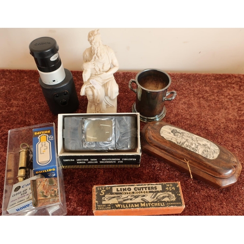 56 - Boxed slide viewer, vintage cutters, a Metropolitan whistle and other decorative items in one box