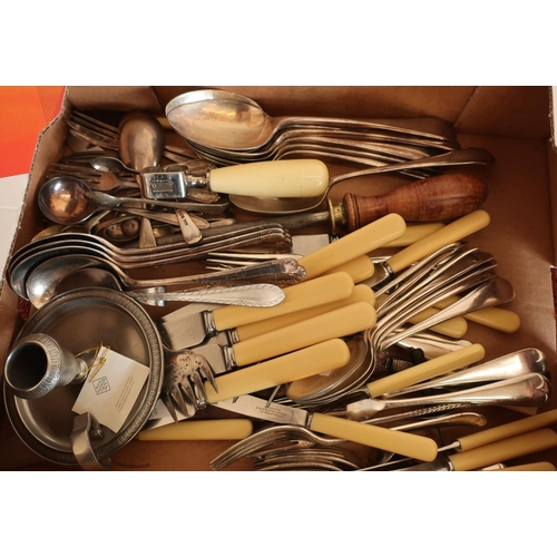 64 - Selection of various plated cutlery including bone handled knives, butter knives, knife sharpener et... 