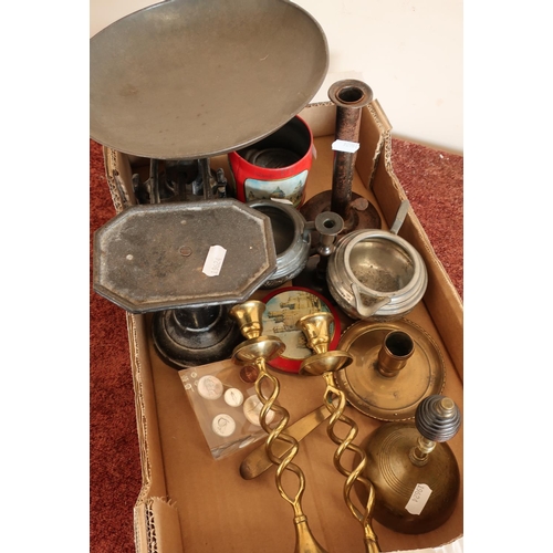 65 - Set of cast metal kitchen scales, pewter ware, brass ware etc in one box