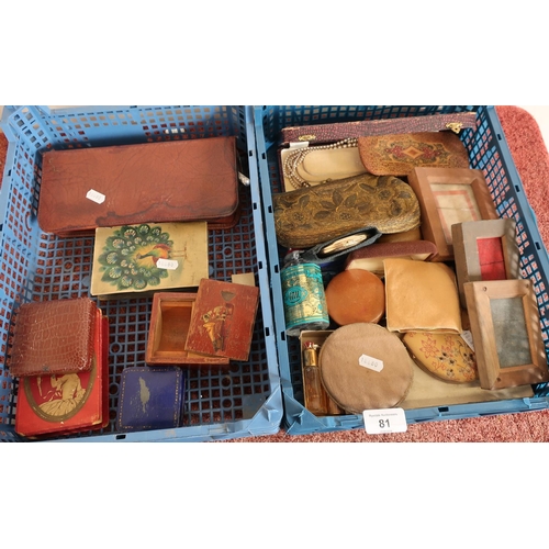81 - Large collection of various ladies compacts, travelling vanity set boxes, ladies purses etc in two b... 