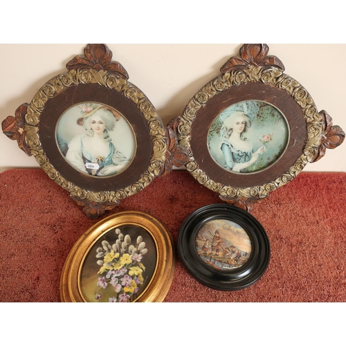 88 - Two early 20th C framed classic style prints of ladies, a framed ceramic still life plaque the rever... 