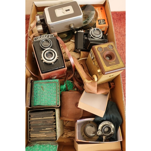 90 - Box containing a selection of various vintage cameras and camera equipment, a selection of large des... 