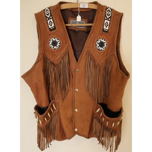 17 - As new JR Fashion leather XL Native Indian style leather waistcoat with bead-work panels and bone em... 