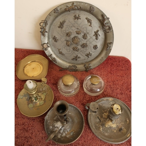 37 - Unusual Eastern style pewter plate with Indian brass mounts, brass inkwells, candlesticks etc