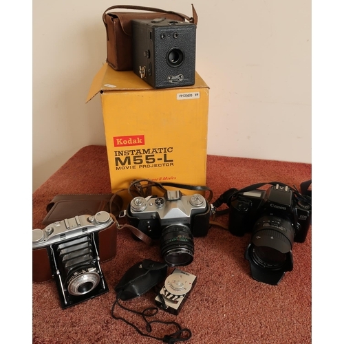 67 - Quantity of various cameras and camera equipment in one box including a Zenit-B with case, a boxed K... 
