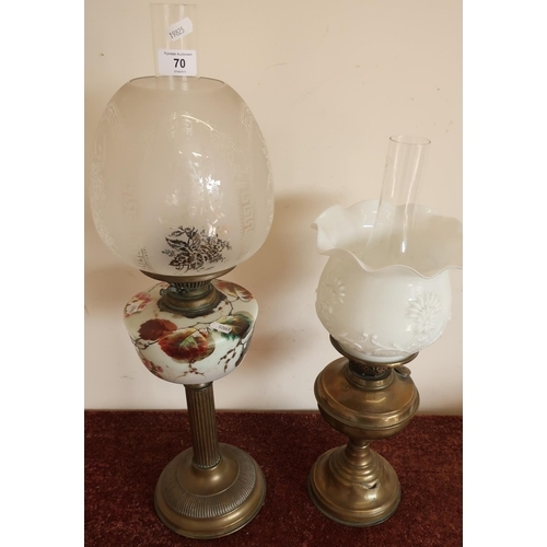 70 - Early 20th C oil lamp with painted opaque glass reservoir and another with opaque glass shade (2)