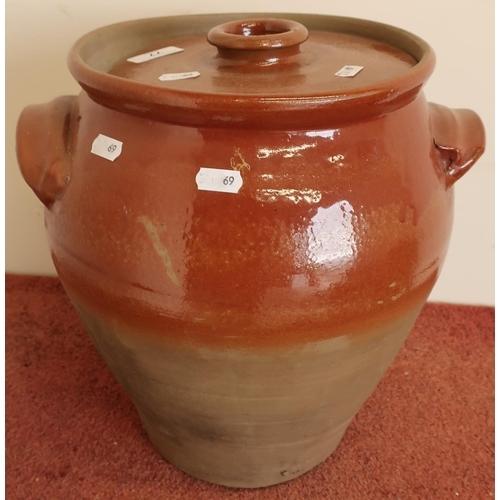 77 - Earthenware twin handled crock pot with lift off lid (approx height 34cm)