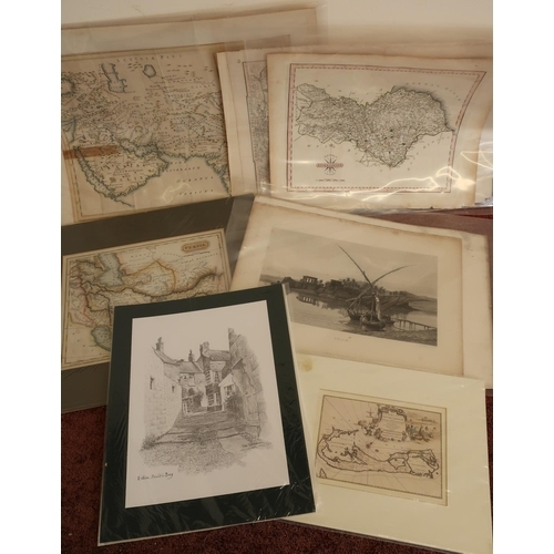 93 - Selection of 19th C and later unframed coloured maps and engravings including Yorkshire