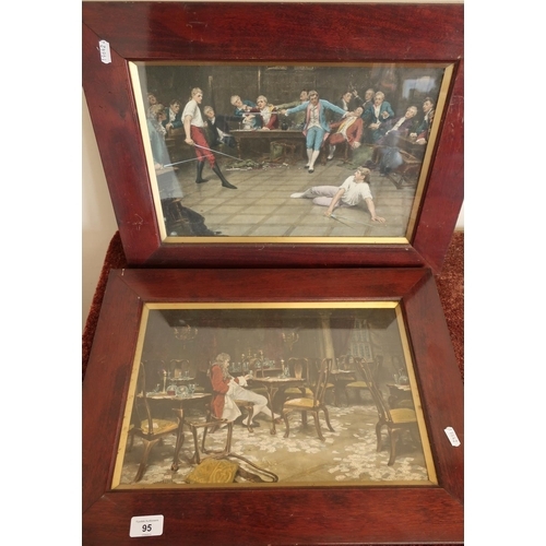 95 - Pair of mahogany framed and mounted prints of interior scenes, including gentlemen sword fighting an... 