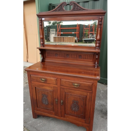 104 - Late Victorian mahogany dresser with raised bevelled edged mirror back with shelf above two drawers ... 