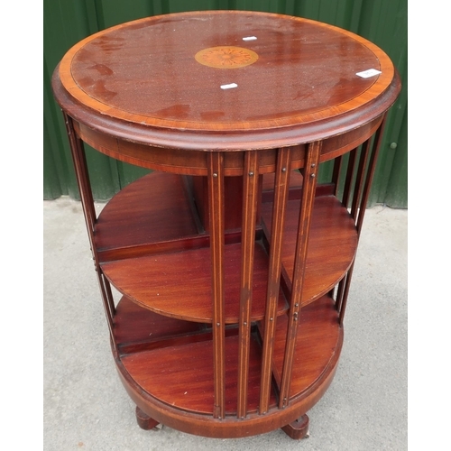 126 - Edwardian mahogany inlaid circular revolving bookcase (height 84cm diameter 56cm)