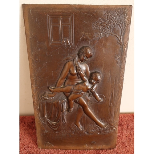 131 - Rectangular bronze plaque of classic form depicting naked lady and child in garden scene (13.5cm x 2... 