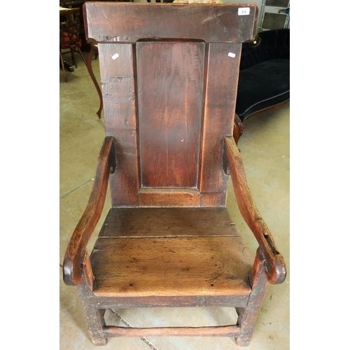 210 - 18th C Wainscot style chair with raised panel back and planked seat