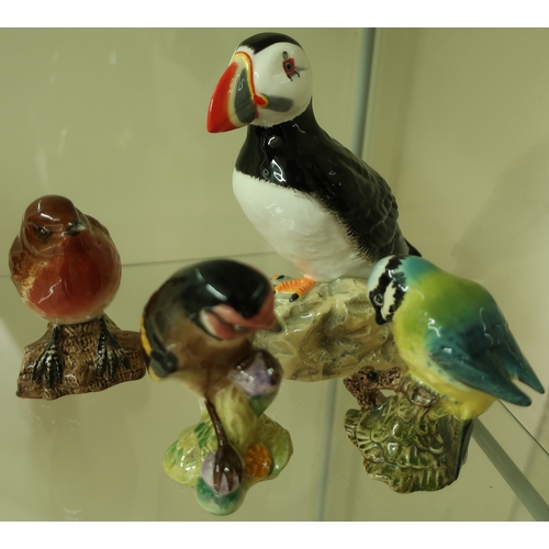 4 - Large John Beswick figure of a puffin, and three Beswick garden birds including Blue Tit, Goldfinch ... 