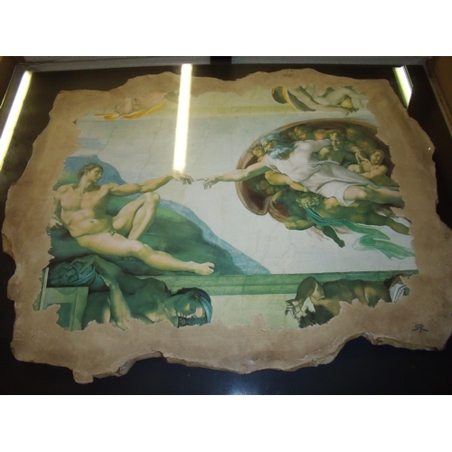 530 - Boxed reproduction Michael Angelo La Creazione painted plaster panel mounted on board with glazed fr... 
