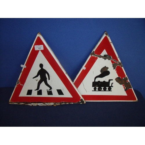 40 - Two enamel triangular warning signs for 'Pedestrian Crossing' and 'Railway'