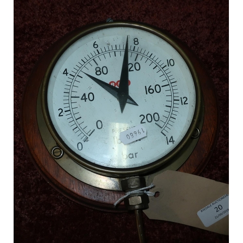 20 - Clock made from a steam engine pressure gauge mounted on wooden plaque, with battery movement