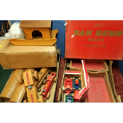 227 - Wooden constructed model train racing car and various other items including a box Roulette Set, smal... 