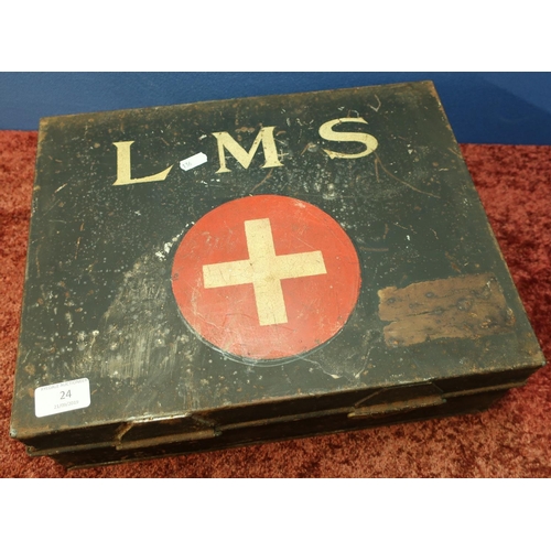 24 - L.M.S Ambulance Box with contents, rectangular metal tin with hinged top and fitted interior (38.5cm... 