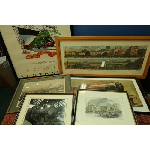 86 - Selection of various framed coloured and uncoloured engravings, railway locomotives prints, Engine 3... 