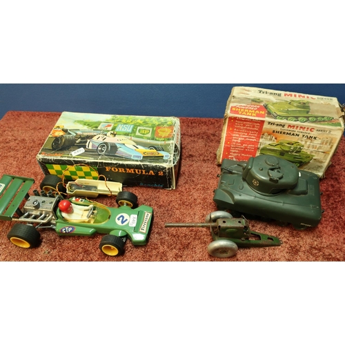 97 - Tin-plate field gun, a boxed Tri-ang Minic Series Two German tank and a Sanchis F1 racing car